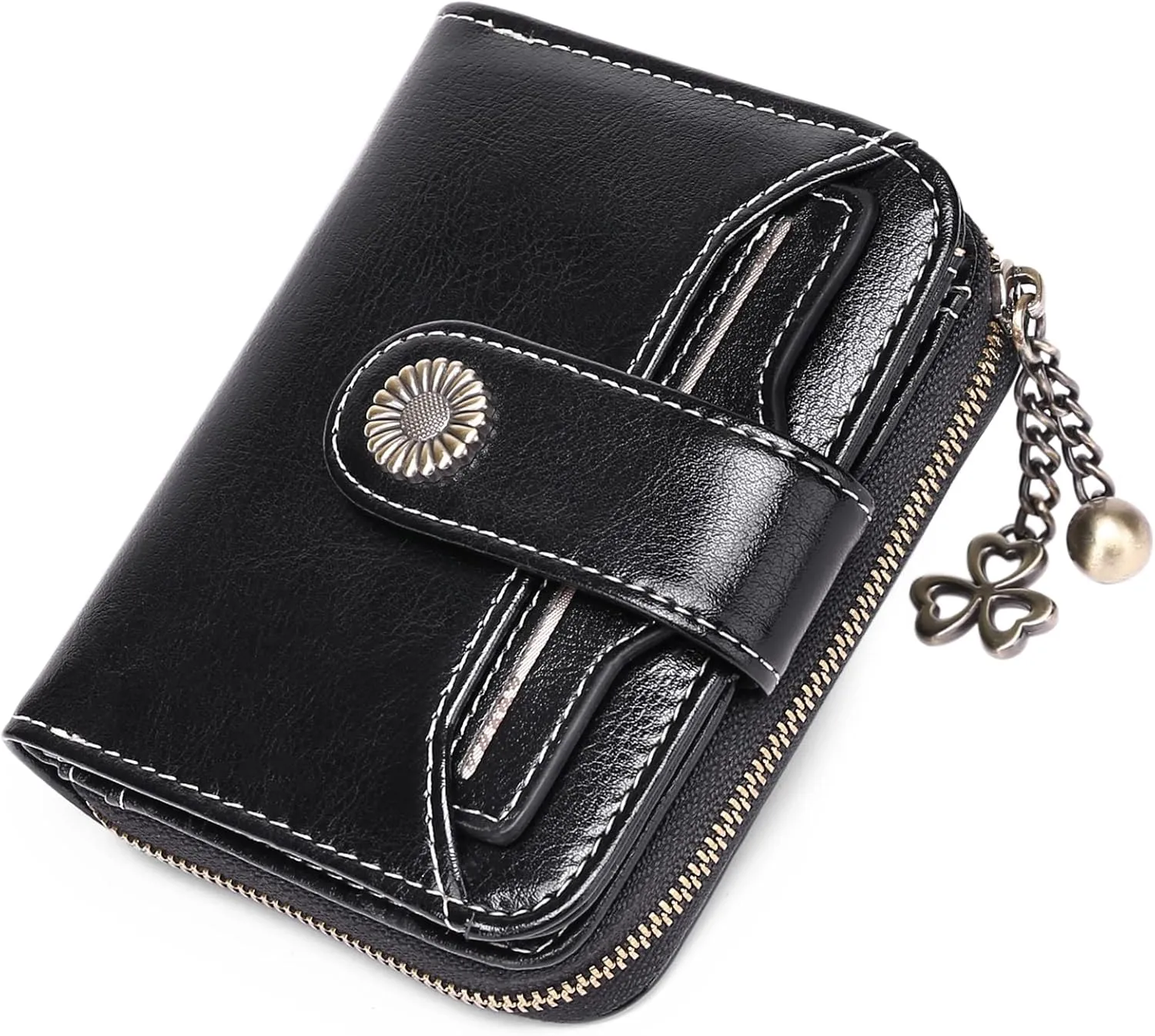 GOIACII Wallet for Women Leather Small RFID Blocking Bifold Zipper Pocket Card Holder with ID Window Black