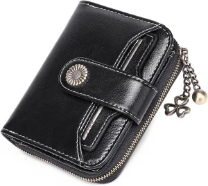 GOIACII Wallet for Women Leather Small RFID Blocking Bifold Zipper Pocket Card Holder with ID Window Black