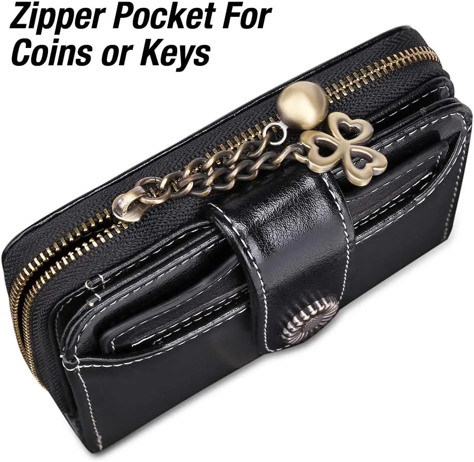 GOIACII Wallet for Women Leather Small RFID Blocking Bifold Zipper Pocket Card Holder with ID Window Black