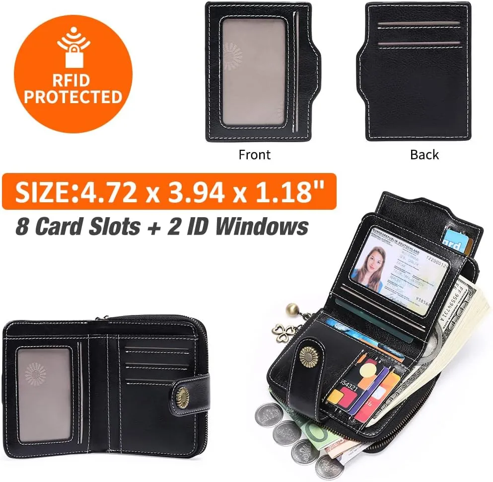 GOIACII Wallet for Women Leather Small RFID Blocking Bifold Zipper Pocket Card Holder with ID Window Black