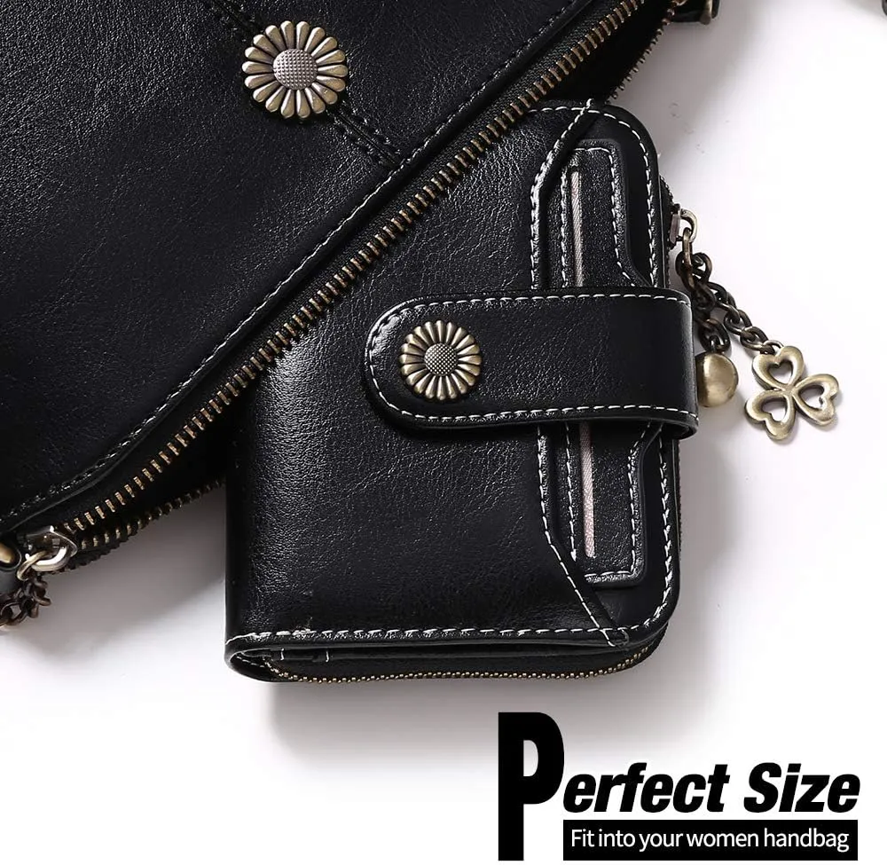 GOIACII Wallet for Women Leather Small RFID Blocking Bifold Zipper Pocket Card Holder with ID Window Black