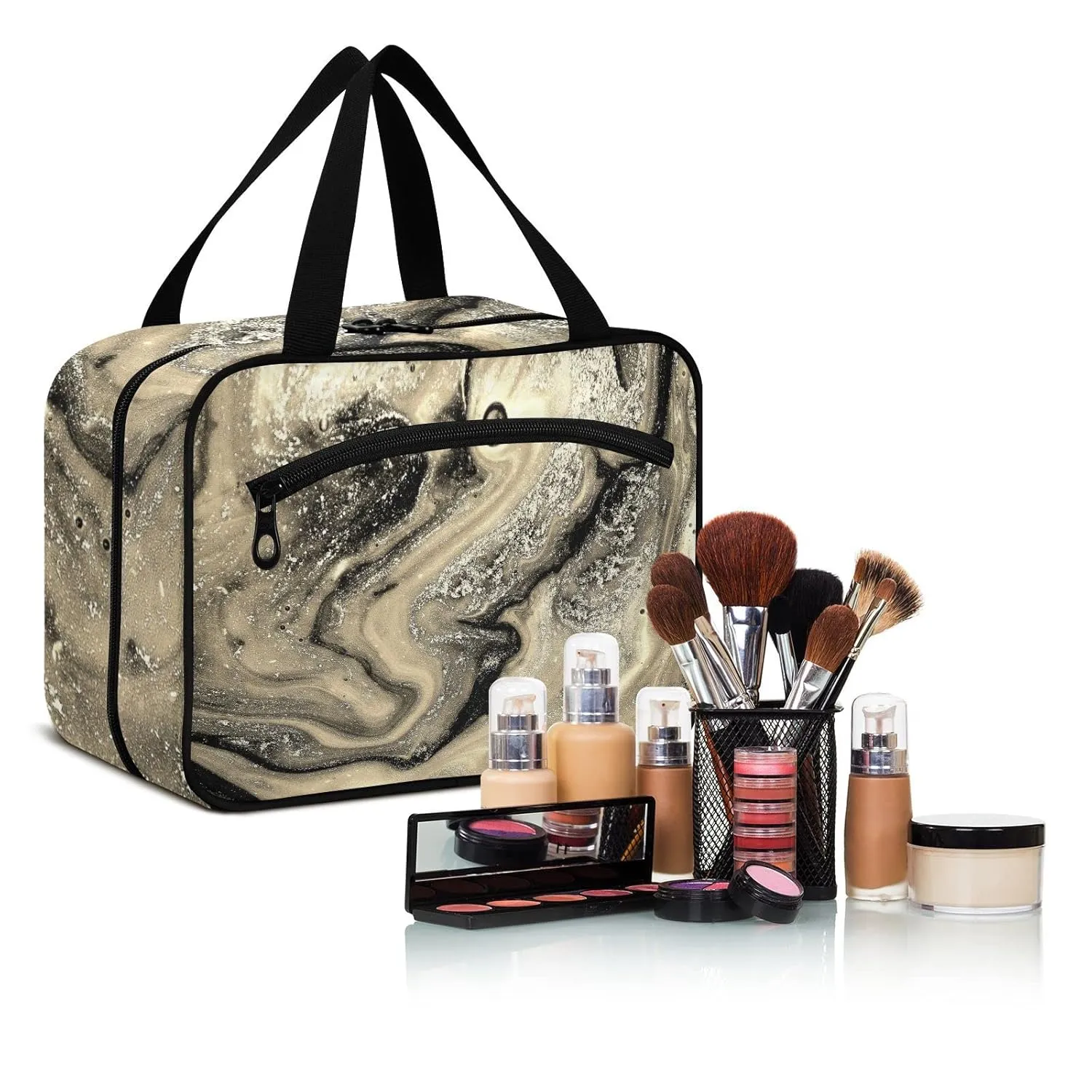 Gold Black Abstract Paint Modern Art Liquid Marble Marbling 1 PC Hanging Travel Wash bag with Handles, Portable Makeup Organizer Brush Storage Case Portable Travel Cosmetic with Hook M