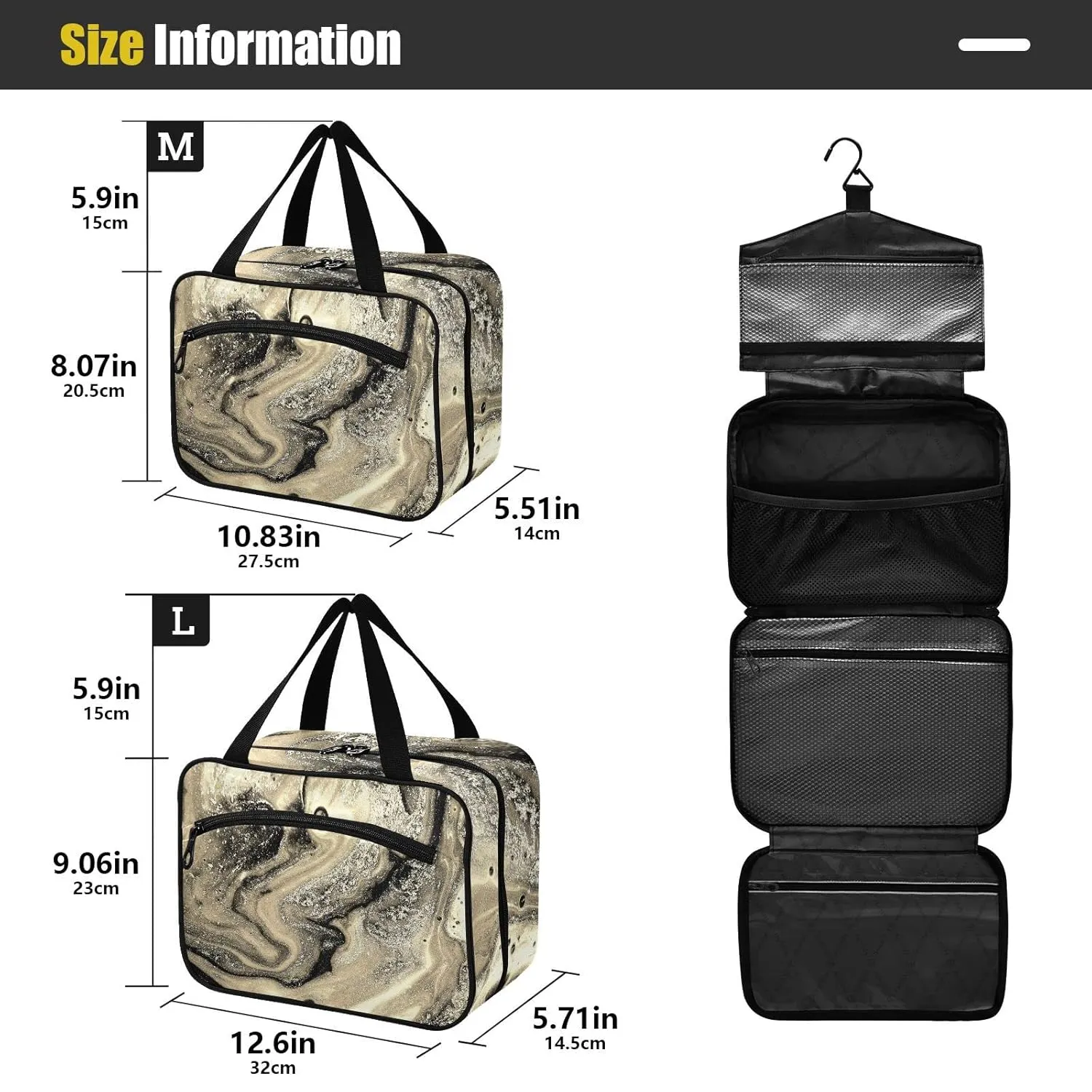 Gold Black Abstract Paint Modern Art Liquid Marble Marbling 1 PC Hanging Travel Wash bag with Handles, Portable Makeup Organizer Brush Storage Case Portable Travel Cosmetic with Hook M