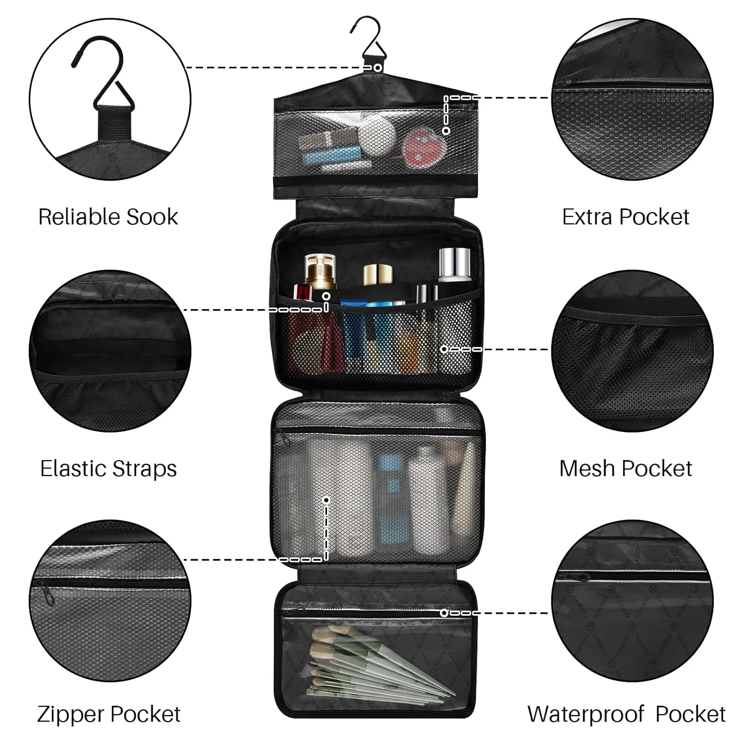 Gold Black Abstract Paint Modern Art Liquid Marble Marbling 1 PC Hanging Travel Wash bag with Handles, Portable Makeup Organizer Brush Storage Case Portable Travel Cosmetic with Hook M