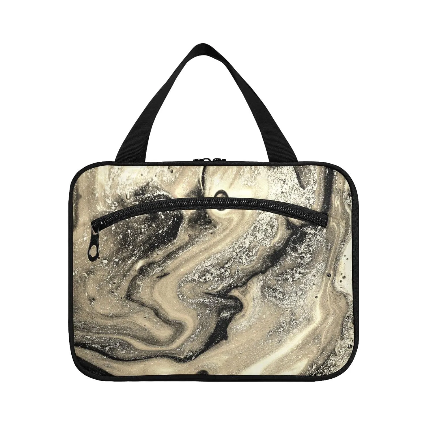 Gold Black Abstract Paint Modern Art Liquid Marble Marbling 1 PC Hanging Travel Wash bag with Handles, Portable Makeup Organizer Brush Storage Case Portable Travel Cosmetic with Hook M