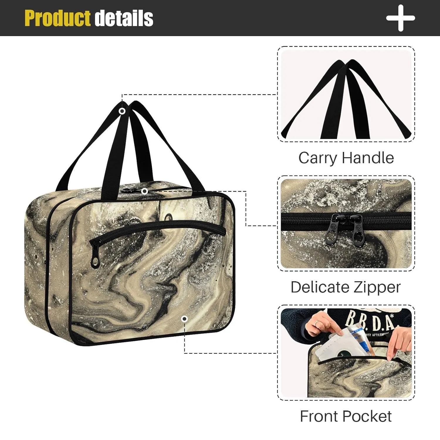 Gold Black Abstract Paint Modern Art Liquid Marble Marbling 1 PC Hanging Travel Wash bag with Handles, Portable Makeup Organizer Brush Storage Case Portable Travel Cosmetic with Hook M