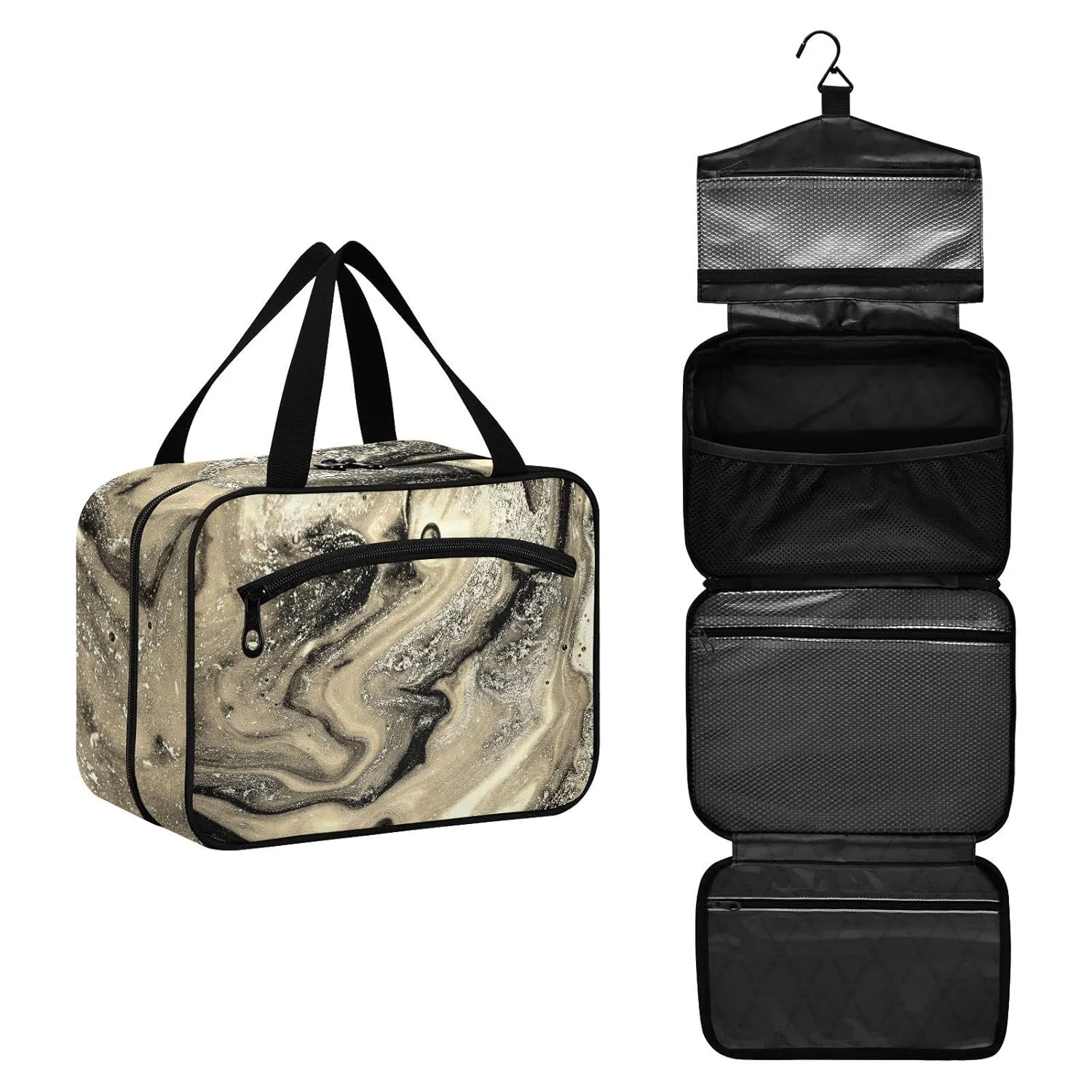Gold Black Abstract Paint Modern Art Liquid Marble Marbling 1 PC Hanging Travel Wash bag with Handles, Portable Makeup Organizer Brush Storage Case Portable Travel Cosmetic with Hook M