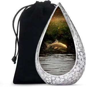 Gold Fish Burial Urns for Ashes Adult Female & Male - Large Drop Funeral Urn for Dad Ashes - Cremation Urn for Husband and Wife with Velvet Bag - Memorial Gifts for Loss of Mom, 10 Inch