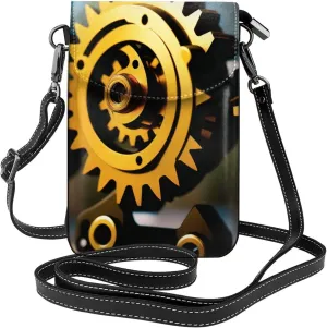Gold Mechanical Discs Print Crossbody Mini Phone Bag For Women,Fashionable Cute Pu Splashproof Phone Bag,With Card Slot