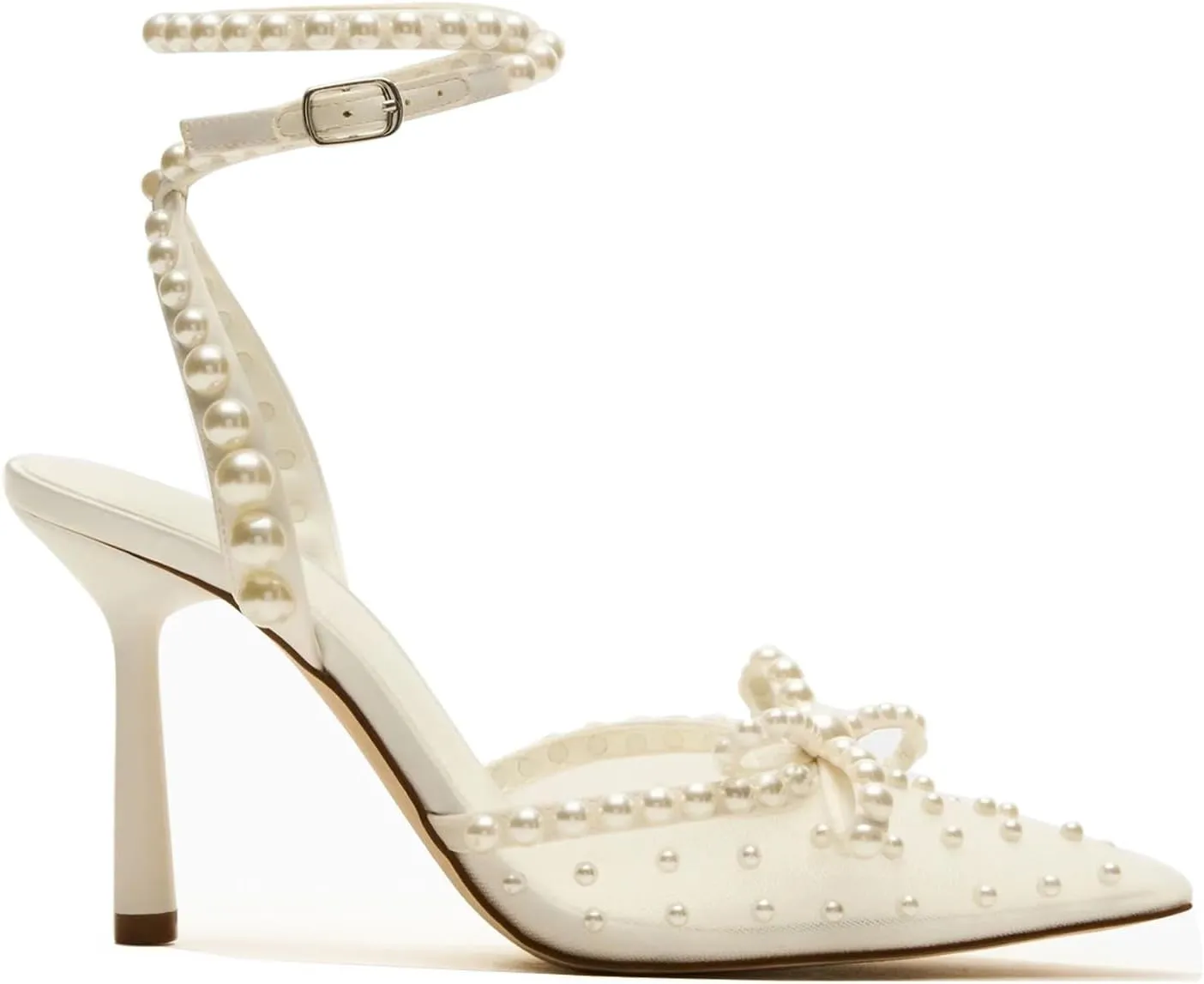 Goolita Pearl Bow Slingback Heels For Women, Pointed Closed Toe Buckle Strap Mesh Pumps Stiletto Heel Evening Bridal Shoes For Wedding