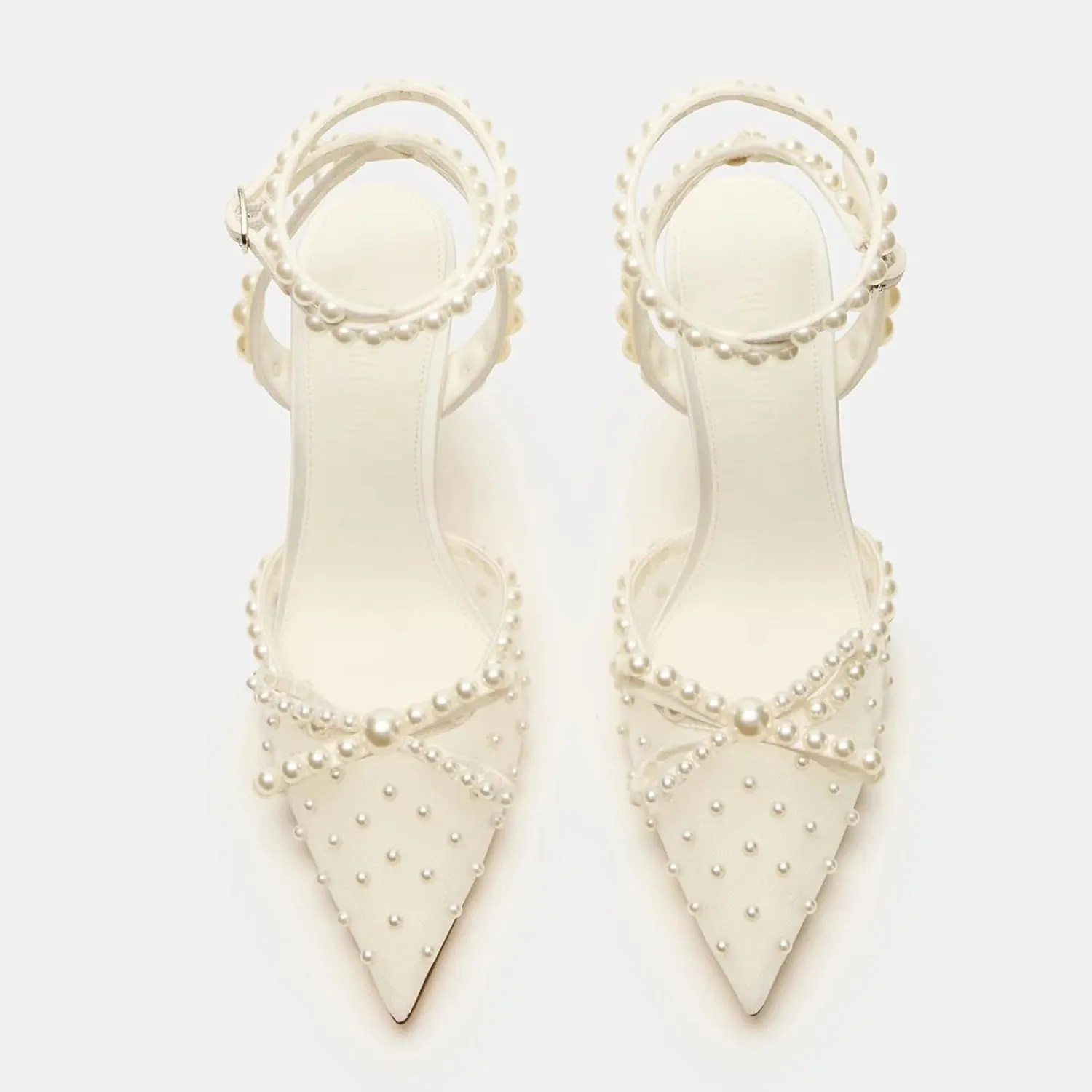 Goolita Pearl Bow Slingback Heels For Women, Pointed Closed Toe Buckle Strap Mesh Pumps Stiletto Heel Evening Bridal Shoes For Wedding