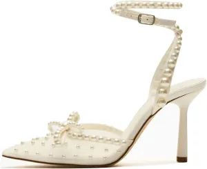 Goolita Pearl Bow Slingback Heels For Women, Pointed Closed Toe Buckle Strap Mesh Pumps Stiletto Heel Evening Bridal Shoes For Wedding
