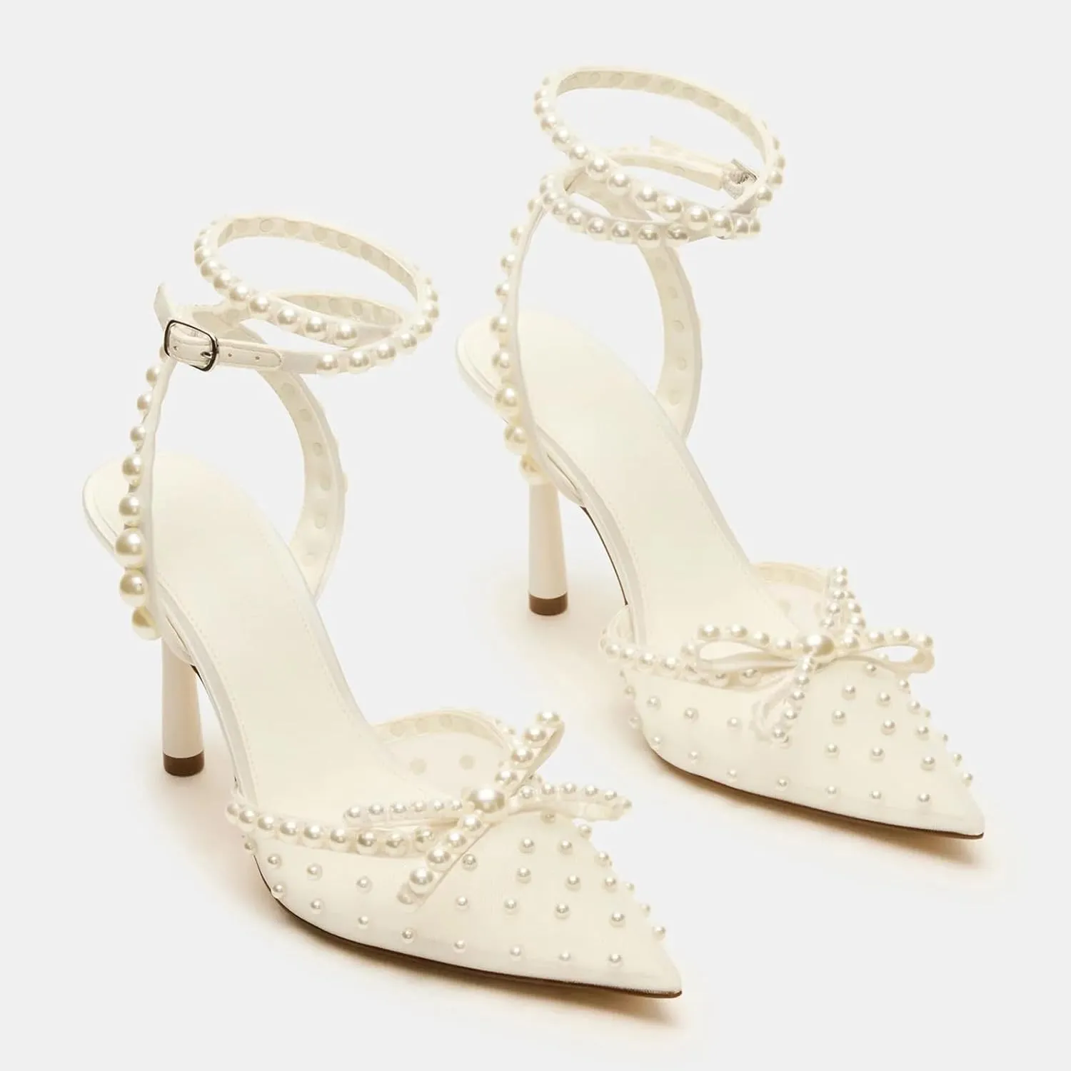 Goolita Pearl Bow Slingback Heels For Women, Pointed Closed Toe Buckle Strap Mesh Pumps Stiletto Heel Evening Bridal Shoes For Wedding