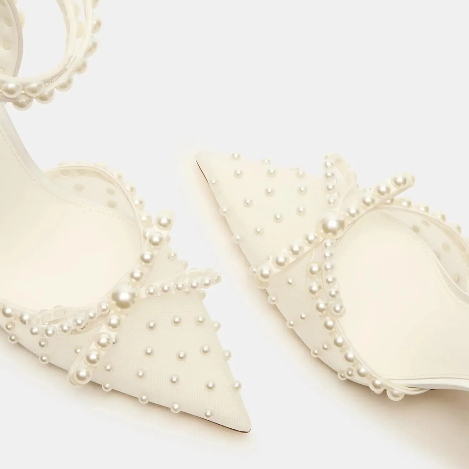 Goolita Pearl Bow Slingback Heels For Women, Pointed Closed Toe Buckle Strap Mesh Pumps Stiletto Heel Evening Bridal Shoes For Wedding