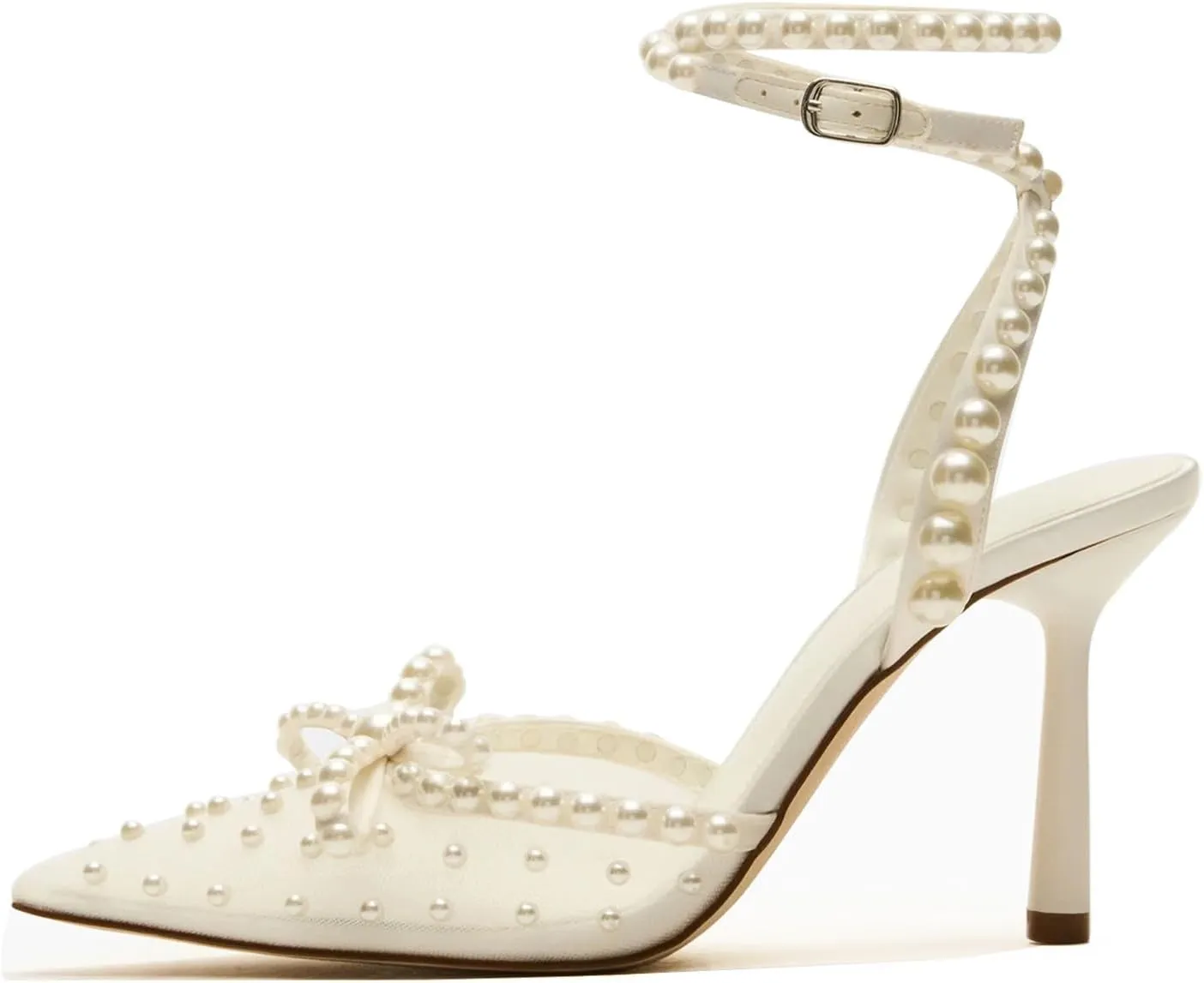 Goolita Pearl Bow Slingback Heels For Women, Pointed Closed Toe Buckle Strap Mesh Pumps Stiletto Heel Evening Bridal Shoes For Wedding