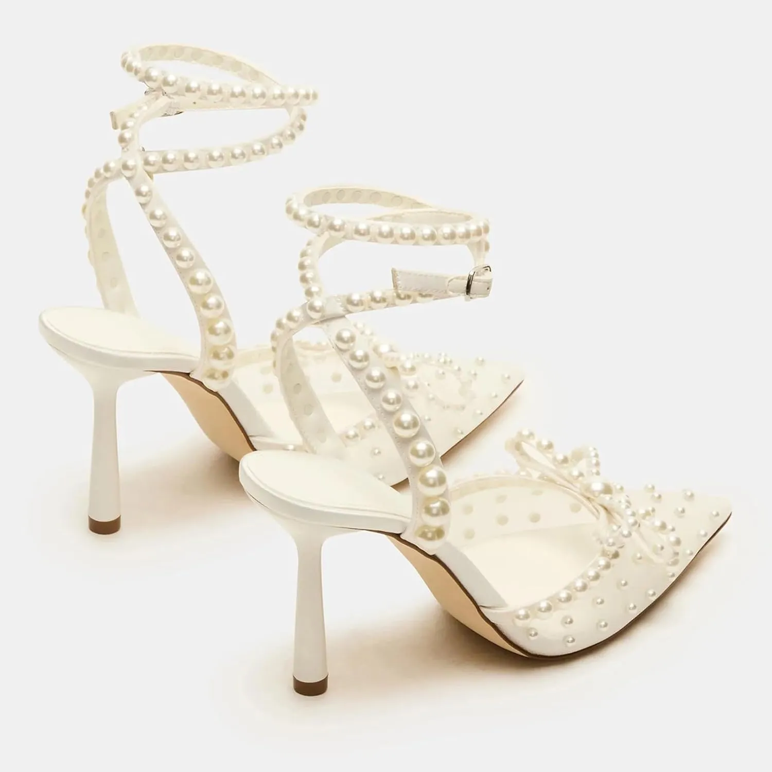 Goolita Pearl Bow Slingback Heels For Women, Pointed Closed Toe Buckle Strap Mesh Pumps Stiletto Heel Evening Bridal Shoes For Wedding