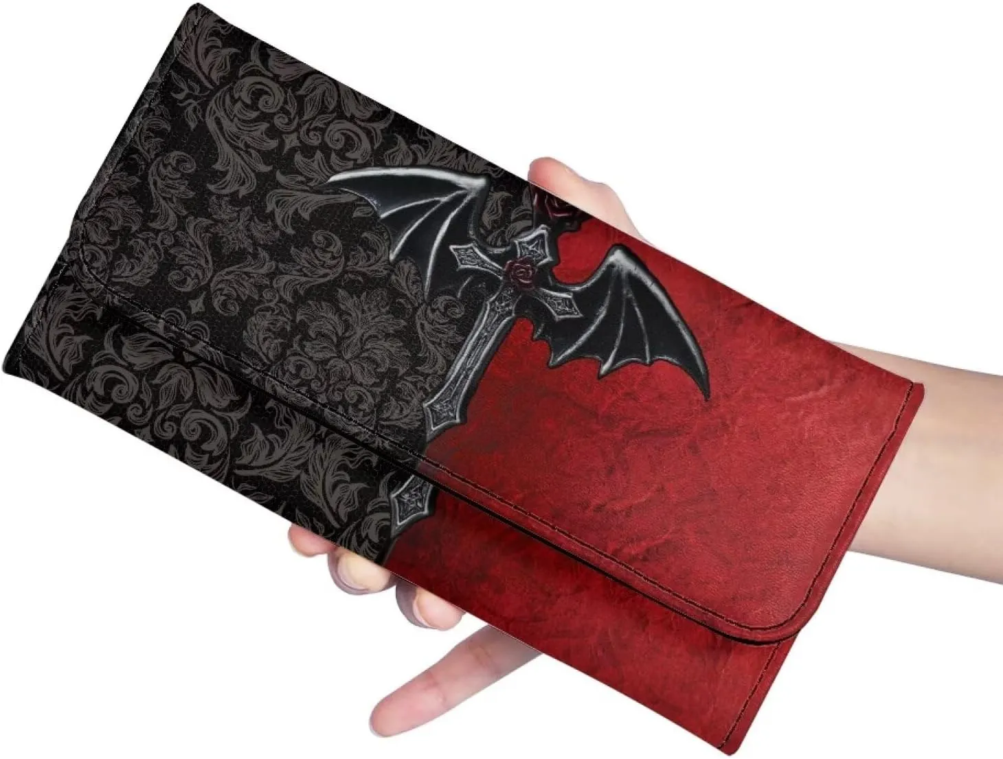 Goth Bat Print Women Trifold Wallet Case Long Clutch Purse, Black Bat Cross Damask Floral Printed Multi Card Ladies Billfold with Zipper Pocket, Red Black Slim Wallet