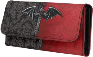 Goth Bat Print Women Trifold Wallet Case Long Clutch Purse, Black Bat Cross Damask Floral Printed Multi Card Ladies Billfold with Zipper Pocket, Red Black Slim Wallet