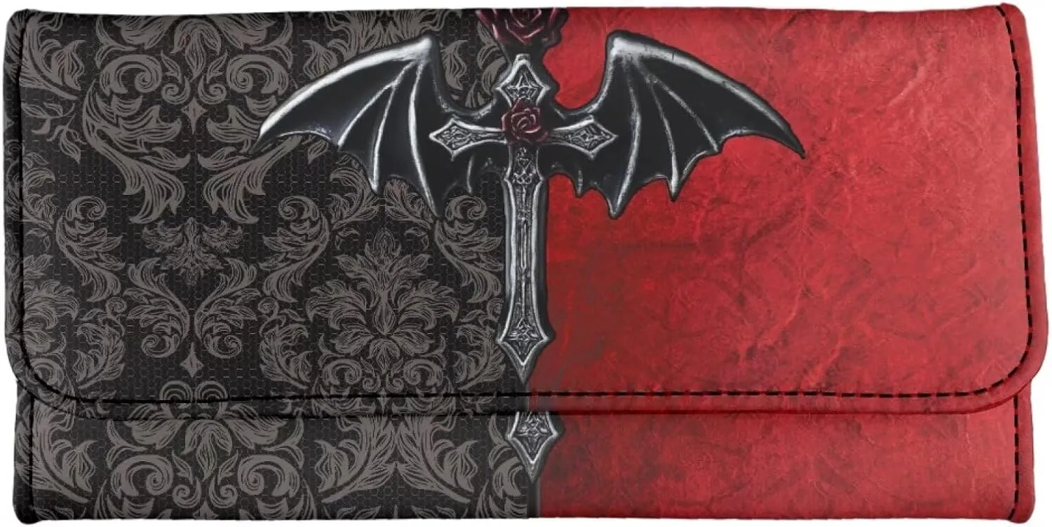 Goth Bat Print Women Trifold Wallet Case Long Clutch Purse, Black Bat Cross Damask Floral Printed Multi Card Ladies Billfold with Zipper Pocket, Red Black Slim Wallet