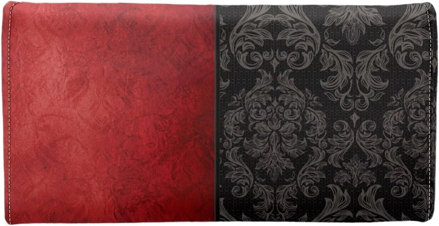 Goth Bat Print Women Trifold Wallet Case Long Clutch Purse, Black Bat Cross Damask Floral Printed Multi Card Ladies Billfold with Zipper Pocket, Red Black Slim Wallet