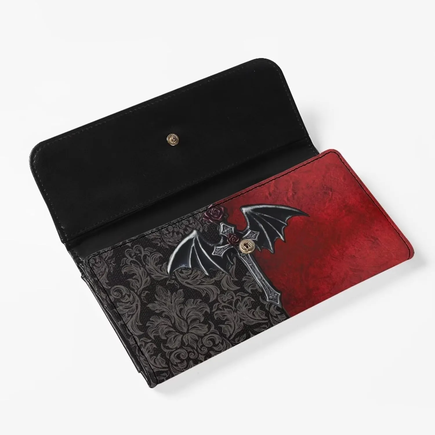 Goth Bat Print Women Trifold Wallet Case Long Clutch Purse, Black Bat Cross Damask Floral Printed Multi Card Ladies Billfold with Zipper Pocket, Red Black Slim Wallet