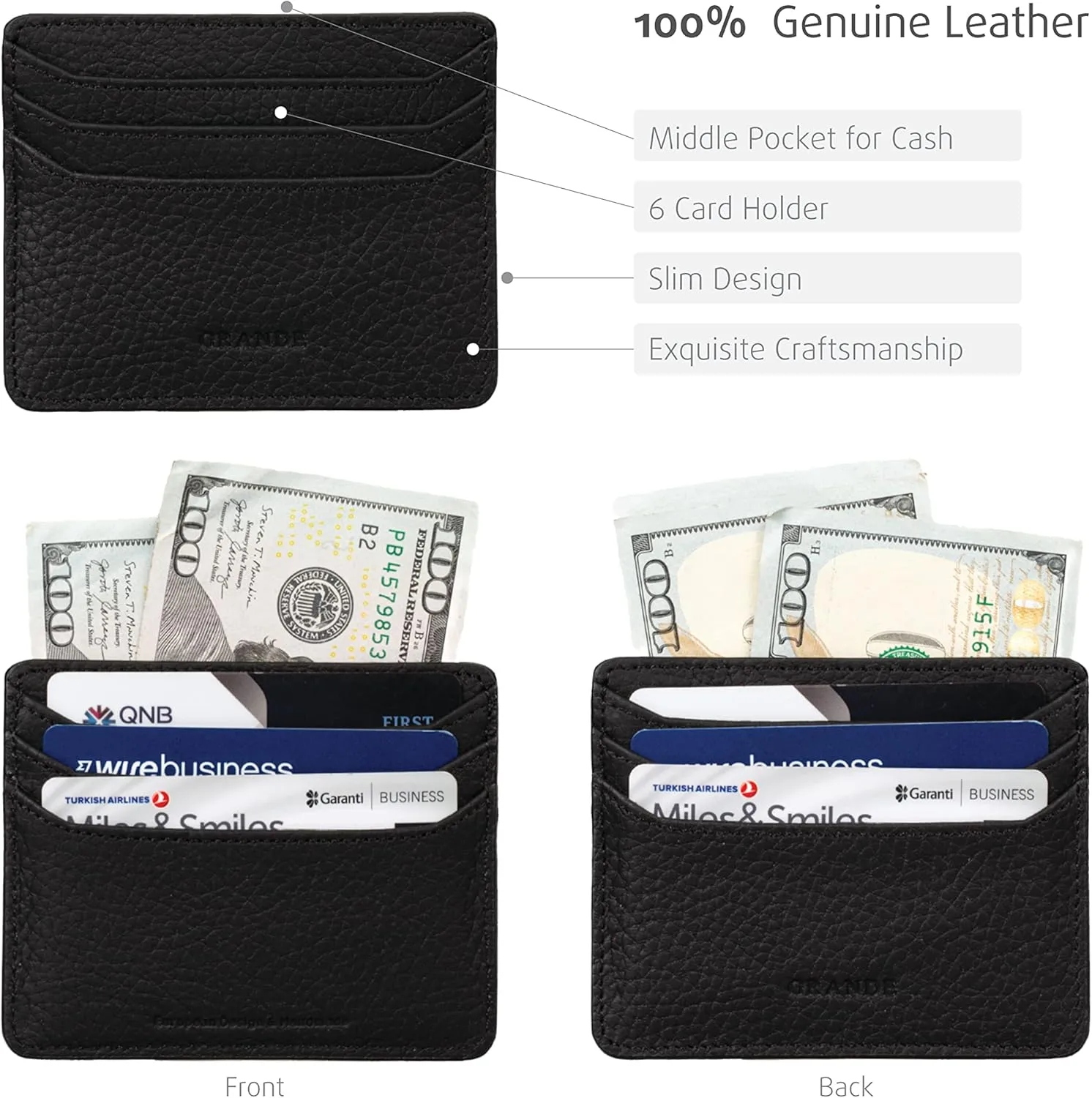 grande 3633 Genuine Leather Card Holder For Women and Men Super Slim Minimalist Small Snap Wallet (Black)