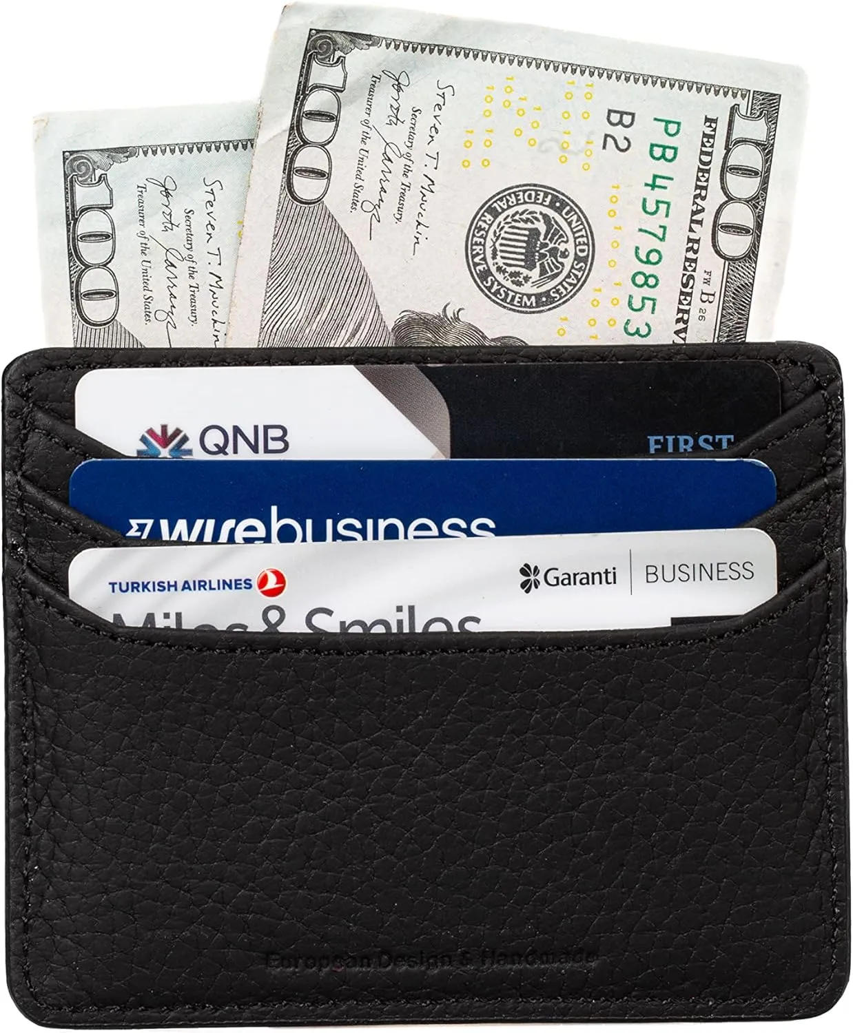 grande 3633 Genuine Leather Card Holder For Women and Men Super Slim Minimalist Small Snap Wallet (Black)