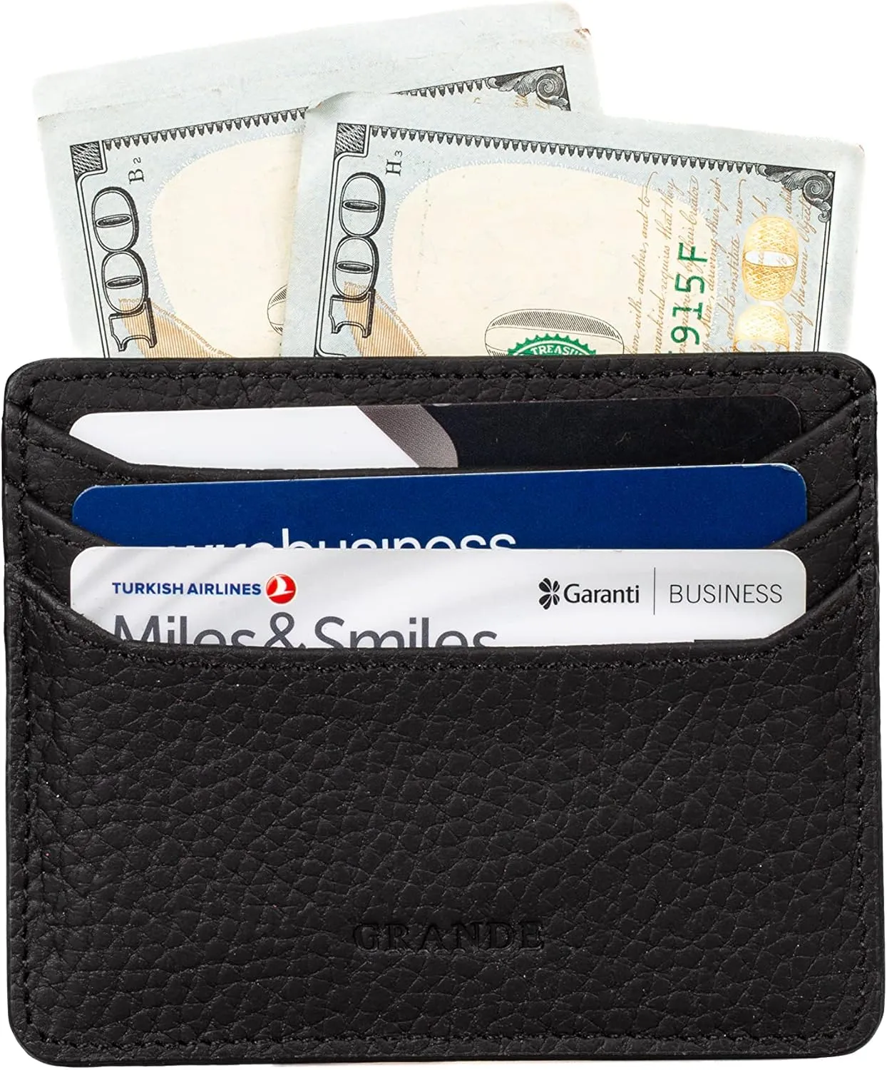 grande 3633 Genuine Leather Card Holder For Women and Men Super Slim Minimalist Small Snap Wallet (Black)