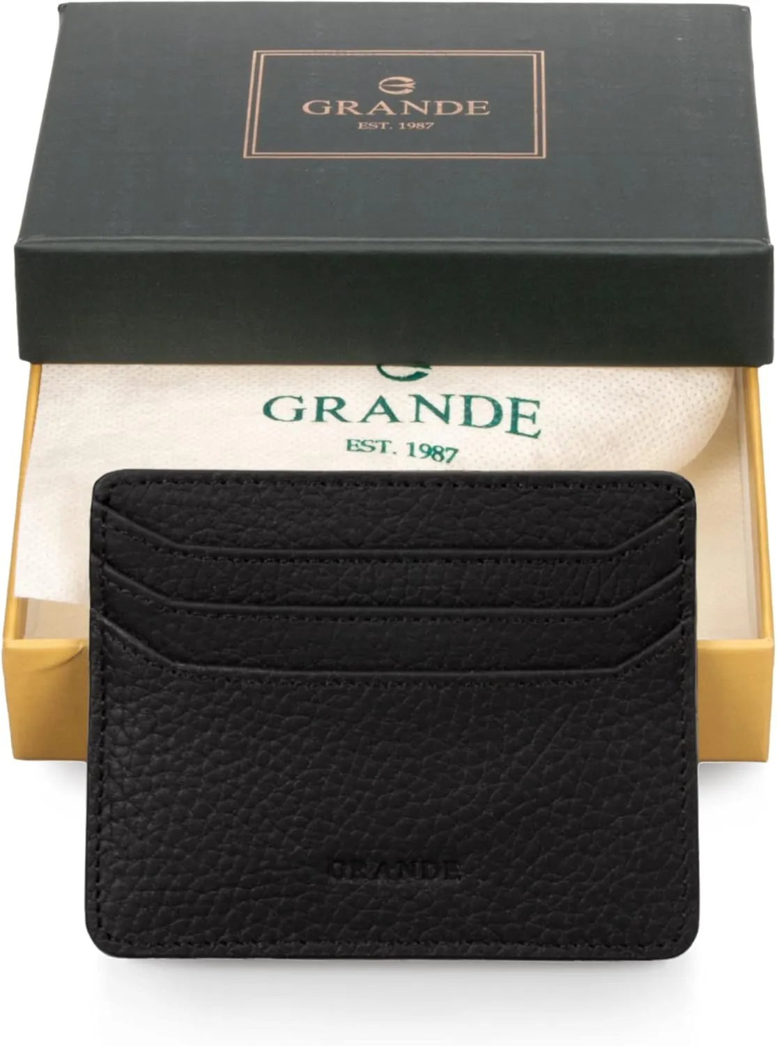 grande 3633 Genuine Leather Card Holder For Women and Men Super Slim Minimalist Small Snap Wallet (Black)