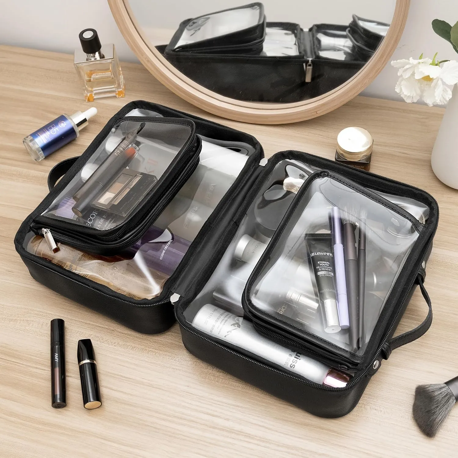 GRANNY SAYS TSA Approved Toiletry Bag, Clear Makeup Bag, Travel Toiletry Bag for Women, Leather Travel Cosmetic Bag, Portable PVC Waterproof Bag, Large Makeup Organizer, Black