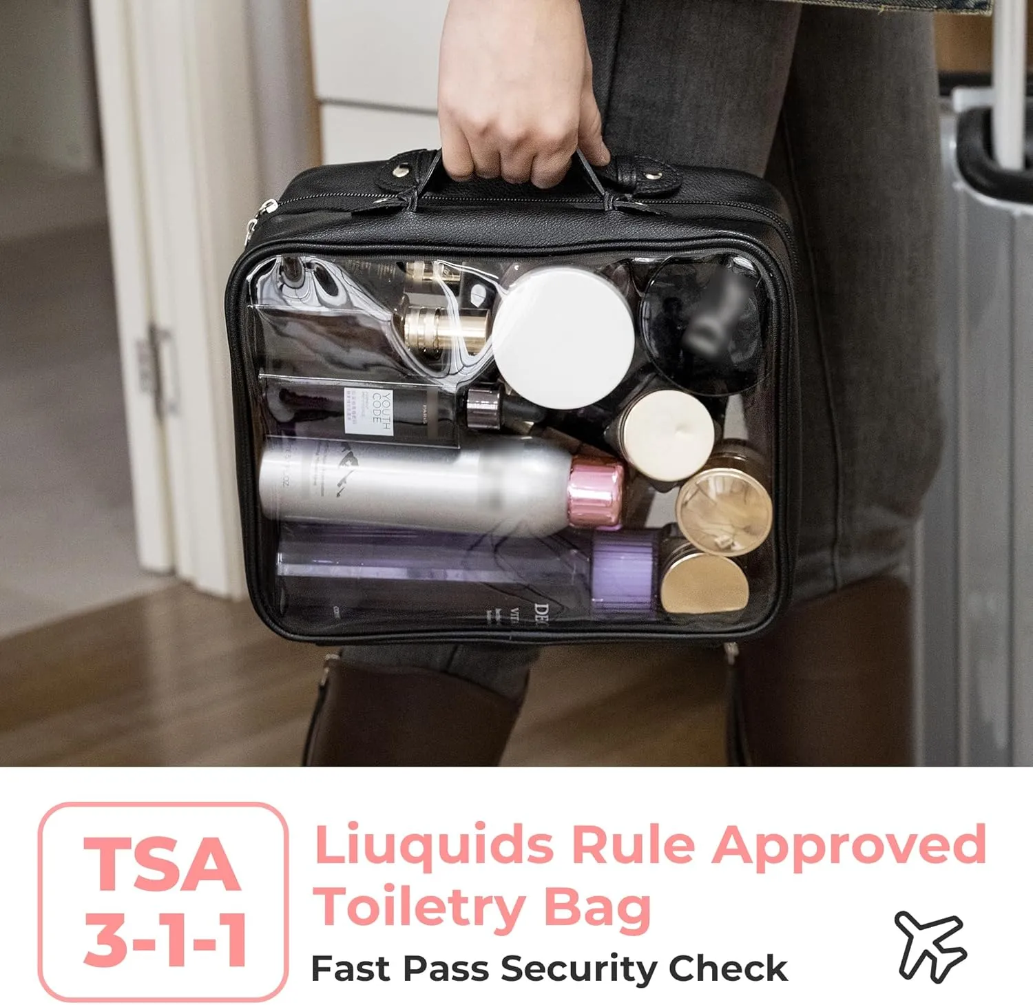GRANNY SAYS TSA Approved Toiletry Bag, Clear Makeup Bag, Travel Toiletry Bag for Women, Leather Travel Cosmetic Bag, Portable PVC Waterproof Bag, Large Makeup Organizer, Black