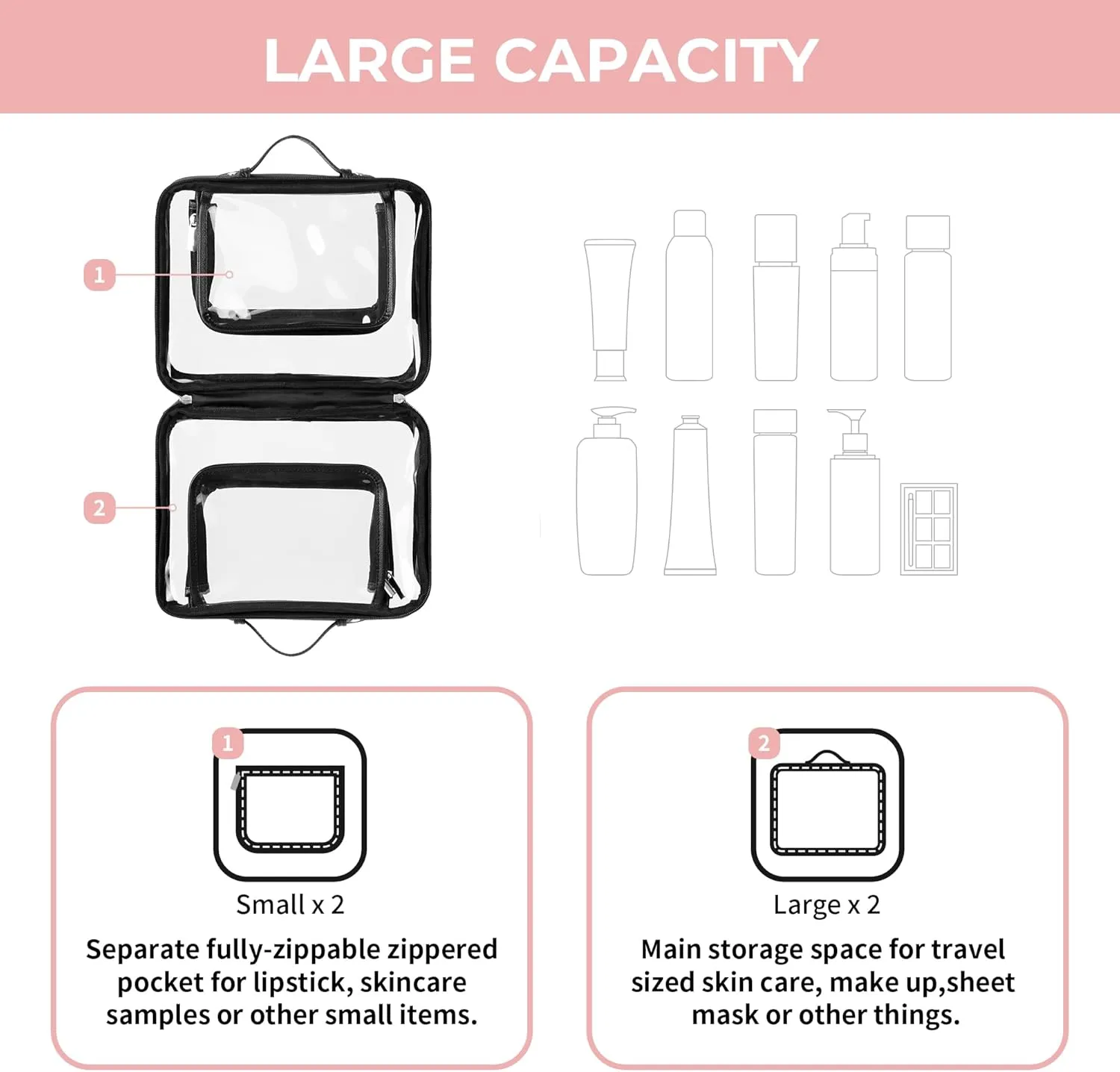GRANNY SAYS TSA Approved Toiletry Bag, Clear Makeup Bag, Travel Toiletry Bag for Women, Leather Travel Cosmetic Bag, Portable PVC Waterproof Bag, Large Makeup Organizer, Black