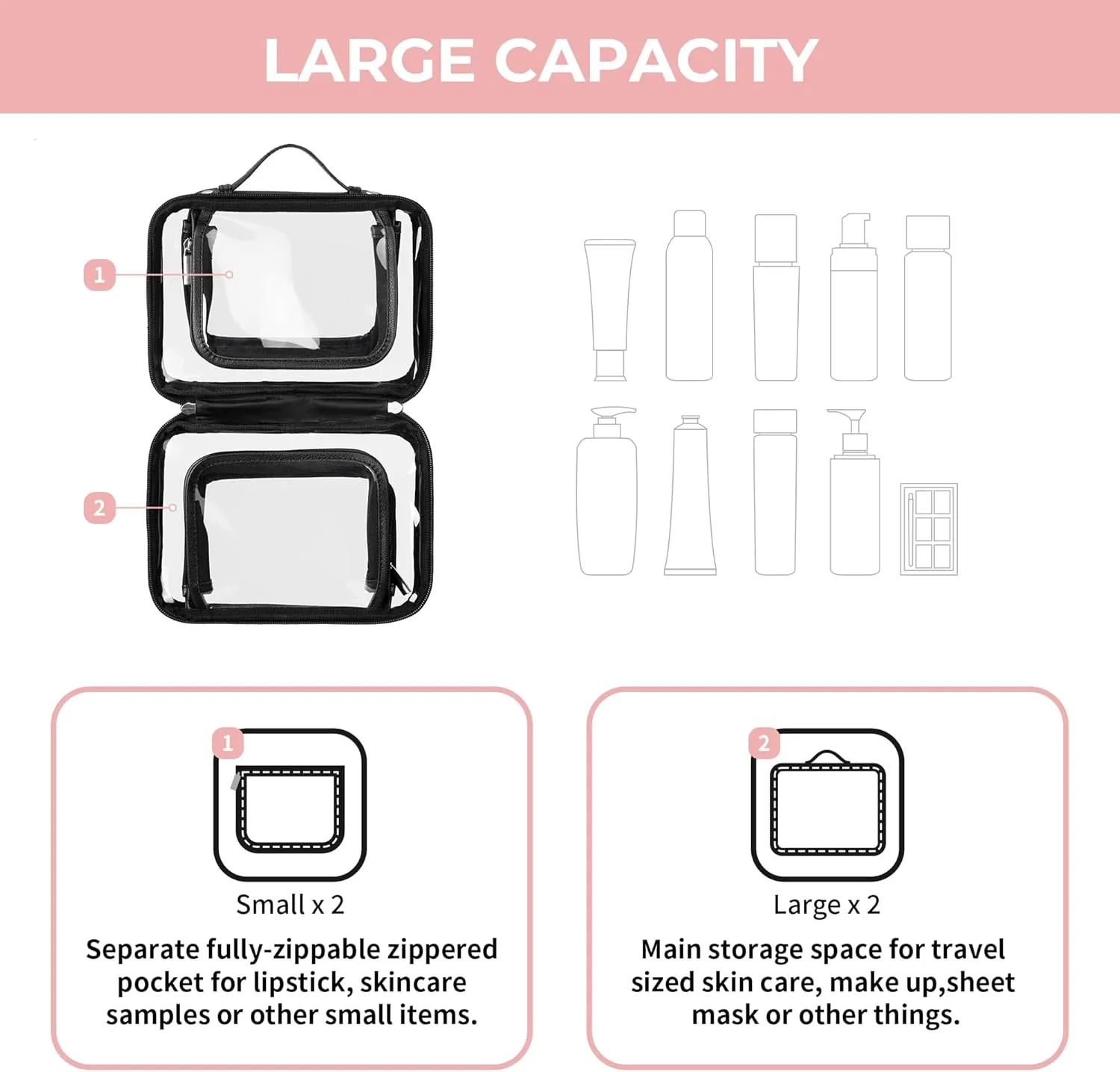 GRANNY SAYS TSA Approved Toiletry Bag, Clear Makeup Bag, Travel Toiletry Bag for Women, Leather Travel Cosmetic Bag, Portable PVC Waterproof Bag, Small Makeup Organizer, Black