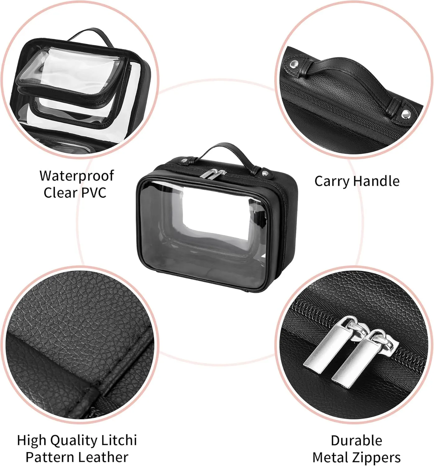 GRANNY SAYS TSA Approved Toiletry Bag, Clear Makeup Bag, Travel Toiletry Bag for Women, Leather Travel Cosmetic Bag, Portable PVC Waterproof Bag, Small Makeup Organizer, Black