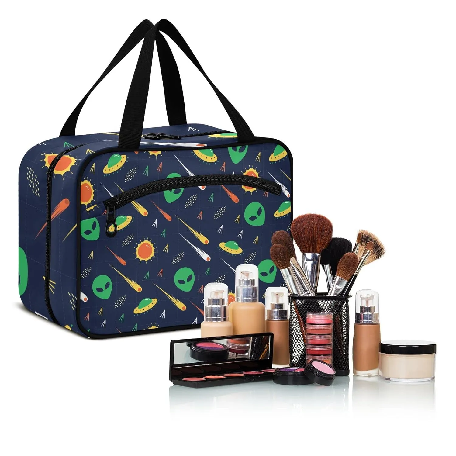 Green Alien, Comet, Star, Sun, Wars on Dark 1 PC Hanging Travel Wash bag with Handles, Portable Makeup Organizer Brush Storage Case Portable Travel Cosmetic with Hook L