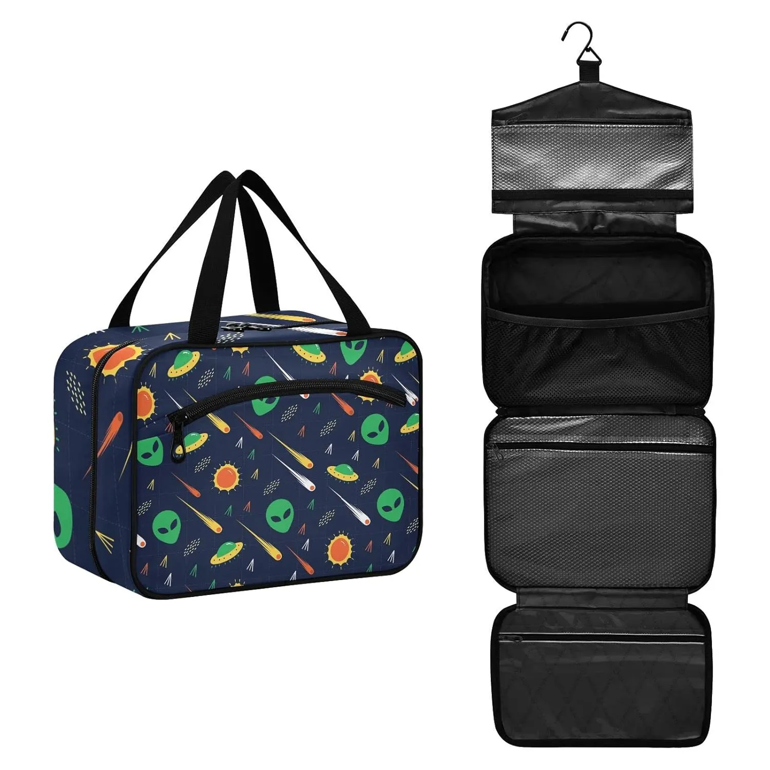 Green Alien, Comet, Star, Sun, Wars on Dark 1 PC Hanging Travel Wash bag with Handles, Portable Makeup Organizer Brush Storage Case Portable Travel Cosmetic with Hook L