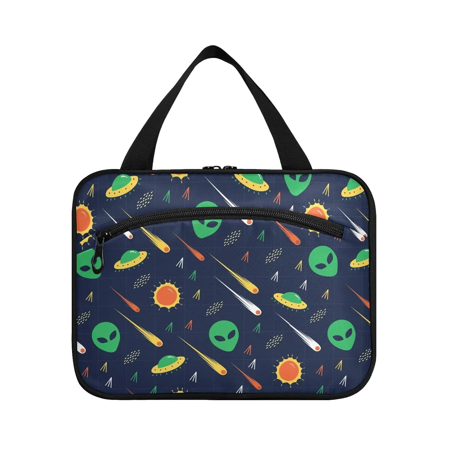 Green Alien, Comet, Star, Sun, Wars on Dark 1 PC Hanging Travel Wash bag with Handles, Portable Makeup Organizer Brush Storage Case Portable Travel Cosmetic with Hook L