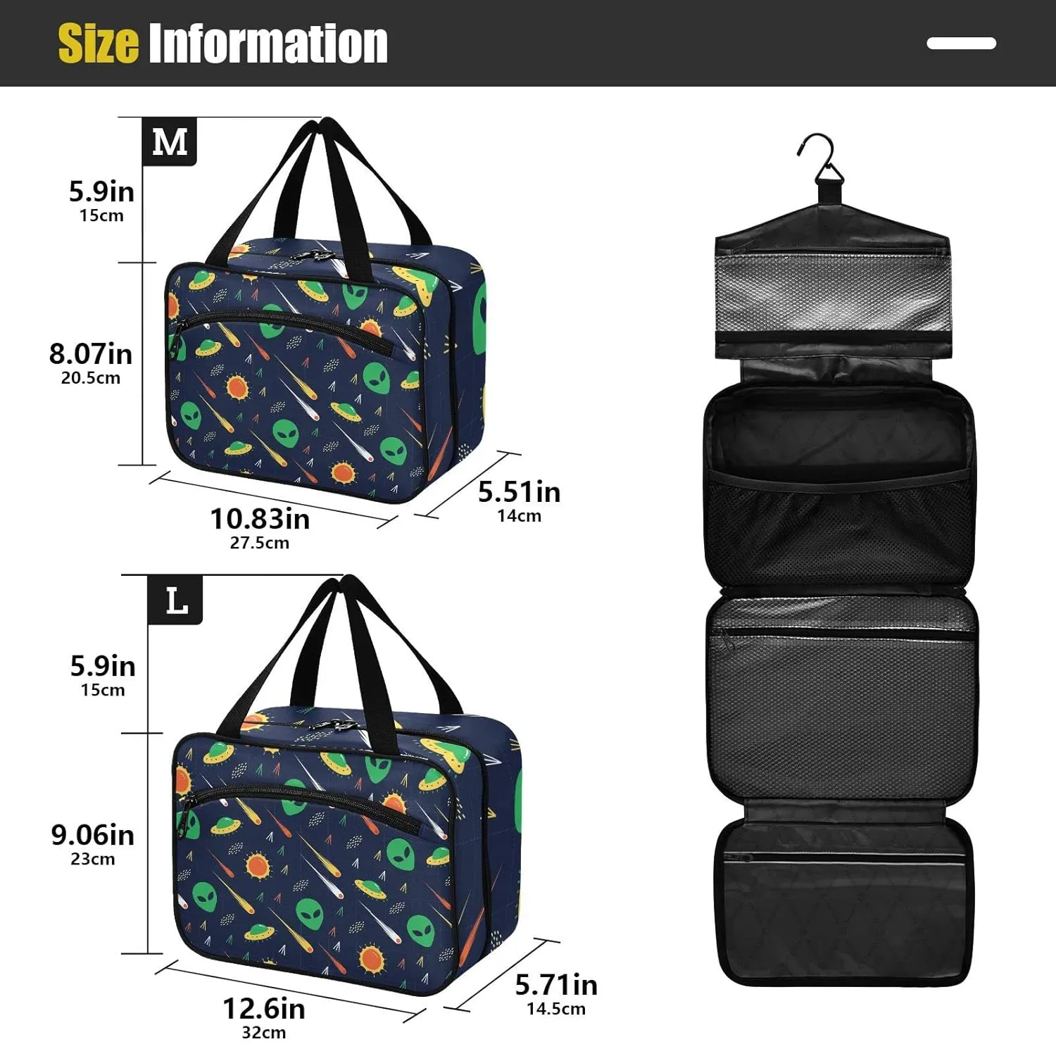 Green Alien, Comet, Star, Sun, Wars on Dark 1 PC Hanging Travel Wash bag with Handles, Portable Makeup Organizer Brush Storage Case Portable Travel Cosmetic with Hook L
