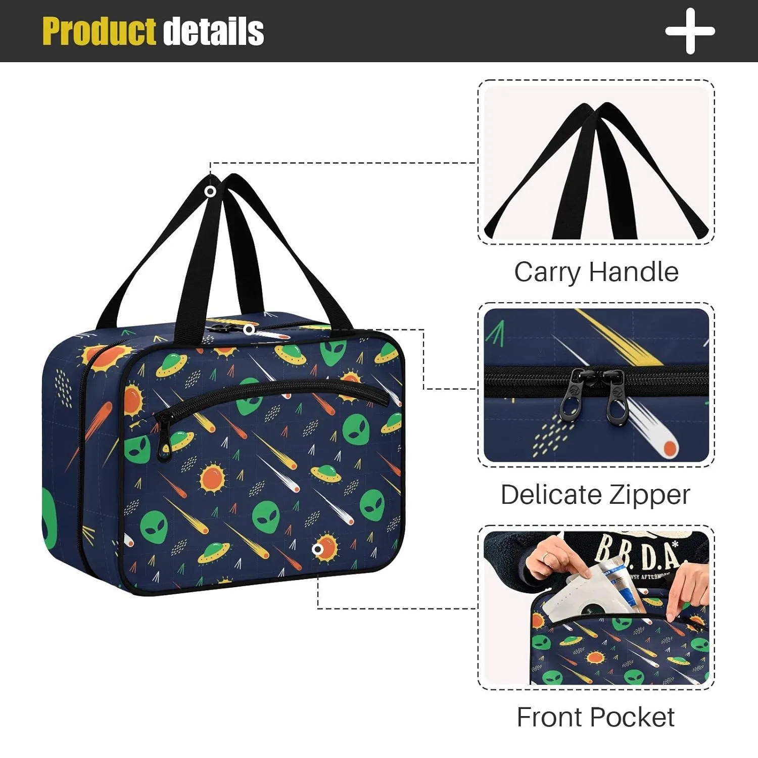 Green Alien, Comet, Star, Sun, Wars on Dark 1 PC Hanging Travel Wash bag with Handles, Portable Makeup Organizer Brush Storage Case Portable Travel Cosmetic with Hook L