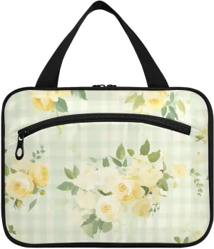 Green Spring Retro Plaids Yellow Flowers hanging mens travel bag with hook, designer portable makeup bag organizer for women bathroom bolsos para hombre L