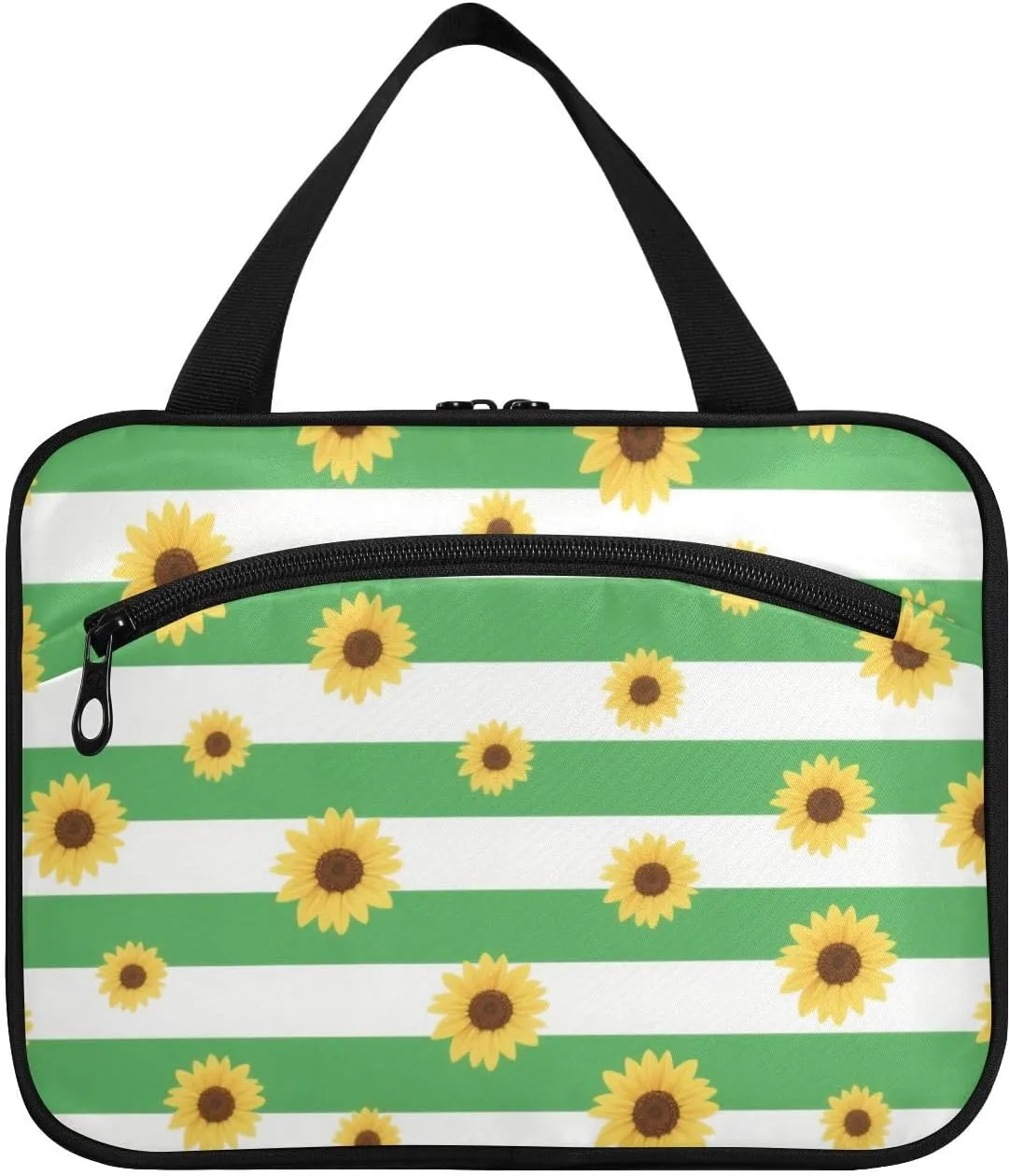 Green White Striped Sunflower hanging bag travel bag with hanging with hook, designer expandable make up bag for traveling women camping bolso de para mujer L