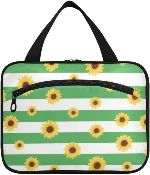 Green White Striped Sunflower hanging bag travel bag with hanging with hook, designer expandable make up bag for traveling women camping bolso de para mujer L