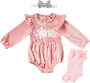 GRNSHTS Baby Girl First Birthday Clothes Velvet One Year Old Romper Long Sleeve Bodysuit Headband 2Pcs Cake Smash Outfits