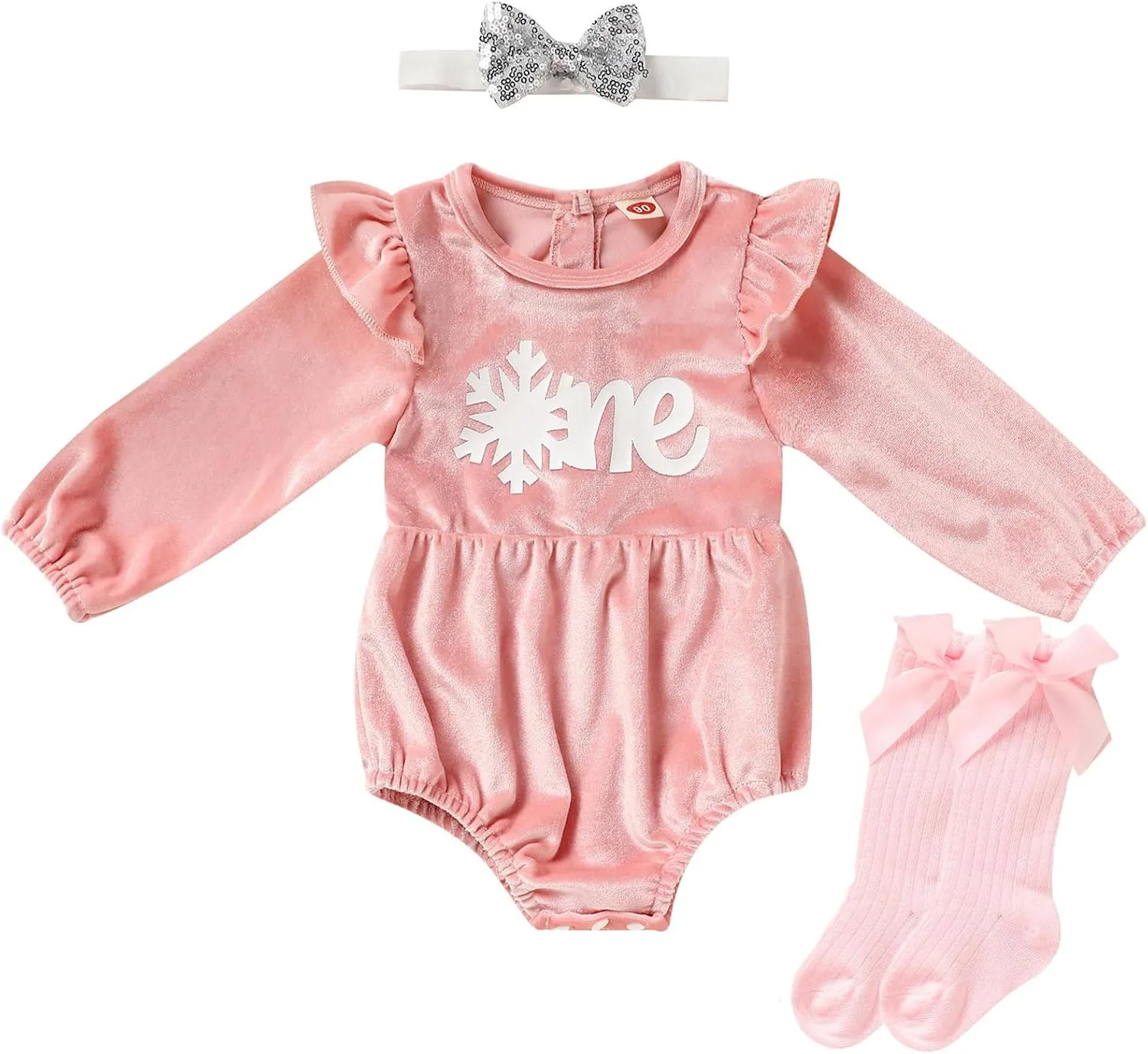 GRNSHTS Baby Girl First Birthday Clothes Velvet One Year Old Romper Long Sleeve Bodysuit Headband 2Pcs Cake Smash Outfits