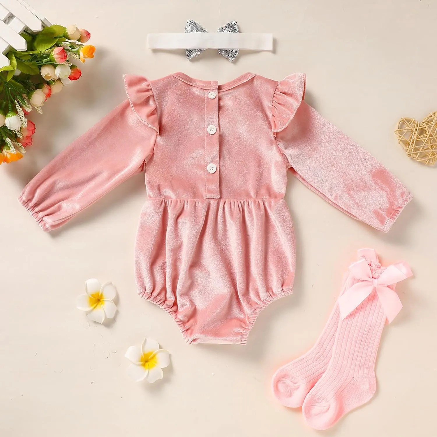 GRNSHTS Baby Girl First Birthday Clothes Velvet One Year Old Romper Long Sleeve Bodysuit Headband 2Pcs Cake Smash Outfits