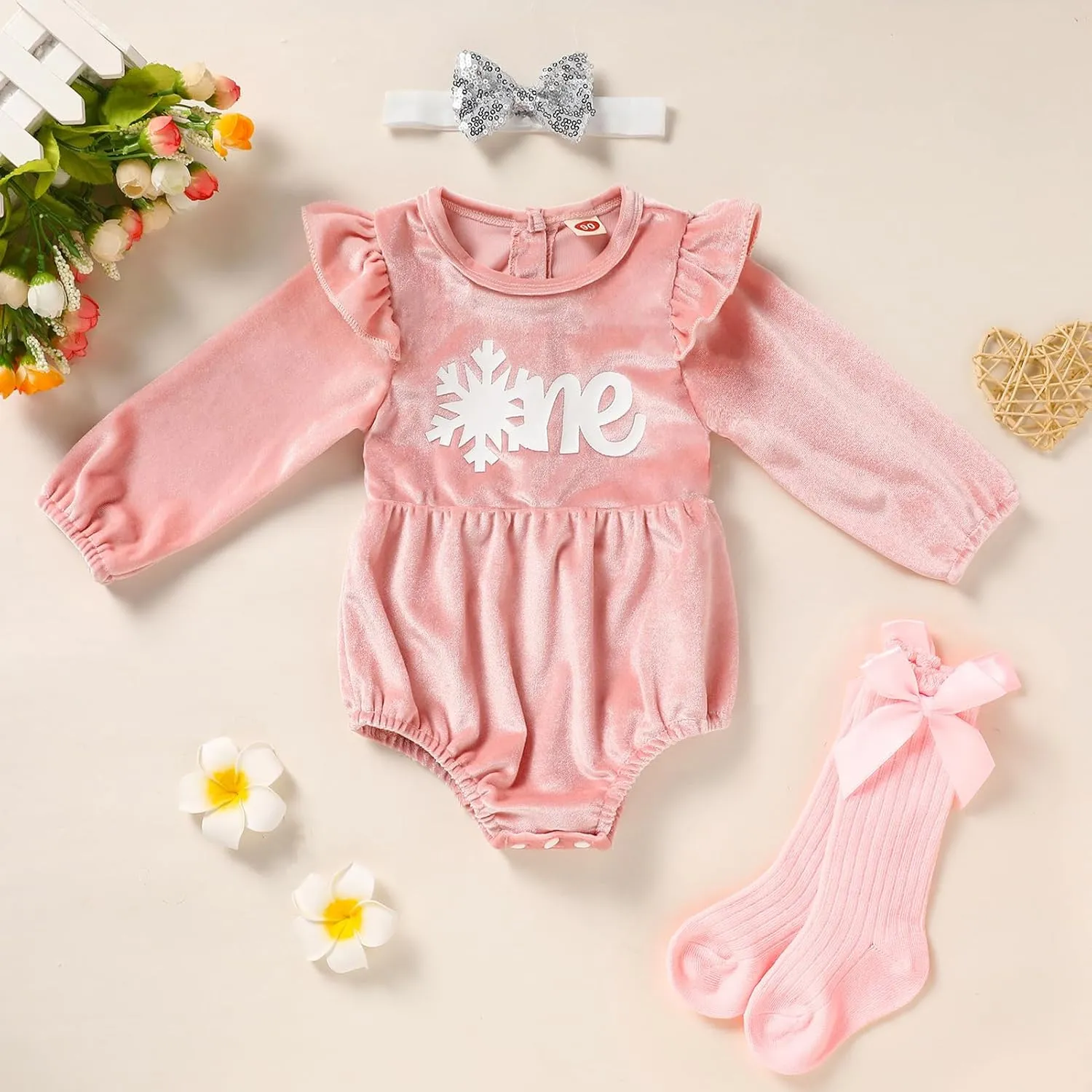 GRNSHTS Baby Girl First Birthday Clothes Velvet One Year Old Romper Long Sleeve Bodysuit Headband 2Pcs Cake Smash Outfits