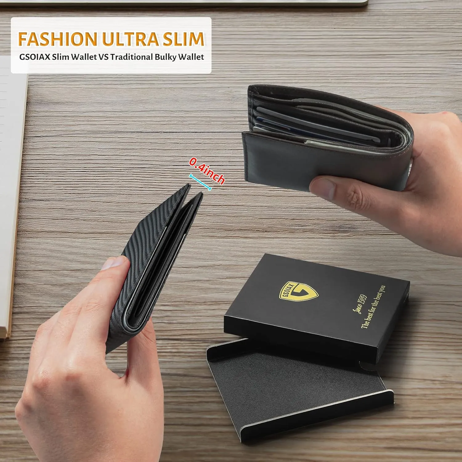GSOIAX Slim Leather RFID Bifold Wallet for Men Minimalist Front Pocket Wallet with Money Clip,12 Card Slots,ID Window,Cool Groove Design,Includes Gift Box(Carbon Black)