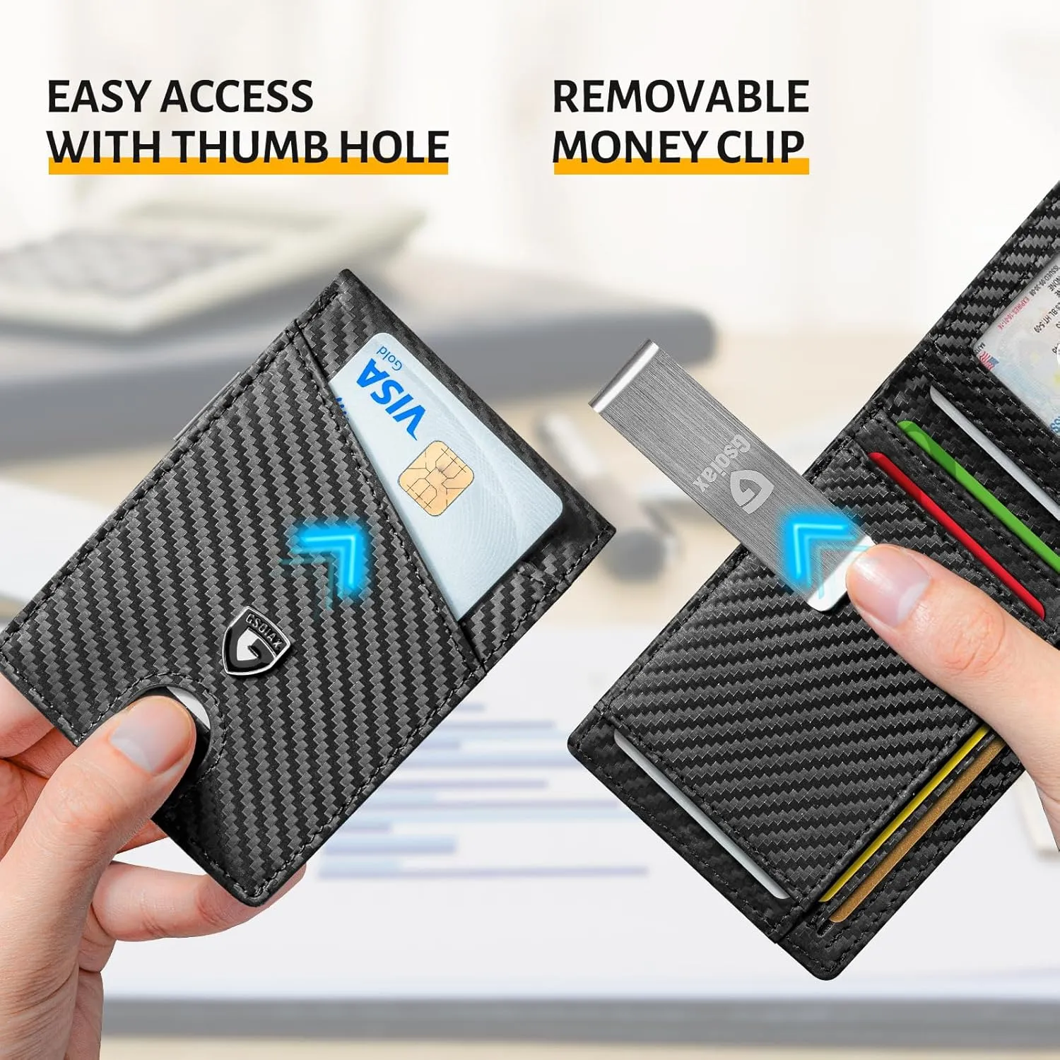 GSOIAX Slim Leather RFID Bifold Wallet for Men Minimalist Front Pocket Wallet with Money Clip,12 Card Slots,ID Window,Cool Groove Design,Includes Gift Box(Carbon Black)