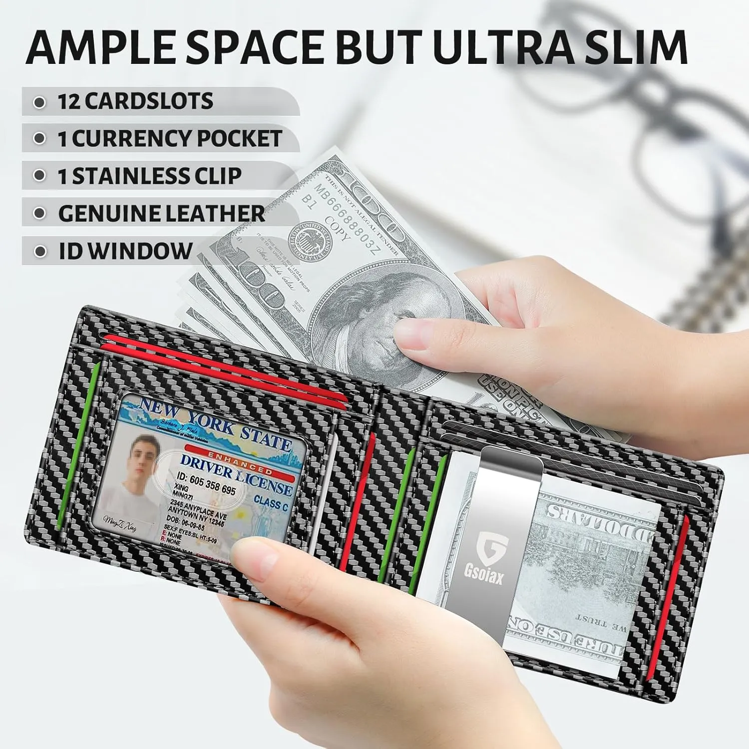 GSOIAX Slim Leather RFID Bifold Wallet for Men Minimalist Front Pocket Wallet with Money Clip,12 Card Slots,ID Window,Cool Groove Design,Includes Gift Box(Carbon Black)