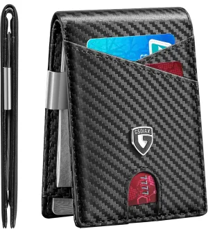 GSOIAX Slim Leather RFID Bifold Wallet for Men Minimalist Front Pocket Wallet with Money Clip,12 Card Slots,ID Window,Cool Groove Design,Includes Gift Box(Carbon Black)